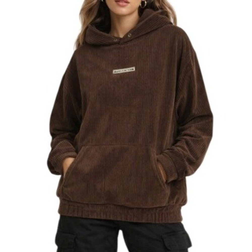 Maniere De Voir Corduroy Oversized Hoodie M Streetwear Y2K Ribbed Sweatshirt